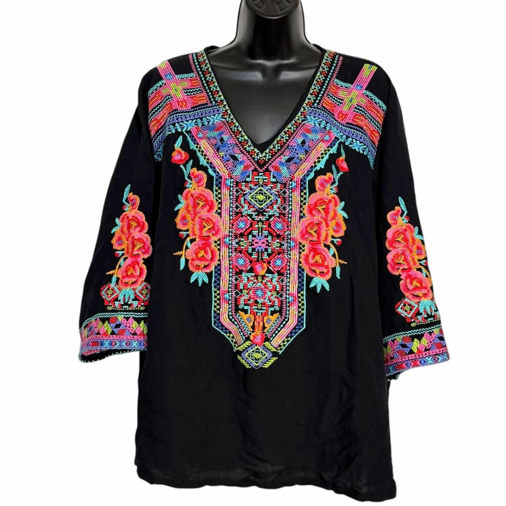 Calessa Embroidered Tunic Blouse Black Neon Floral Geometric Boho Whimsigoth 2X